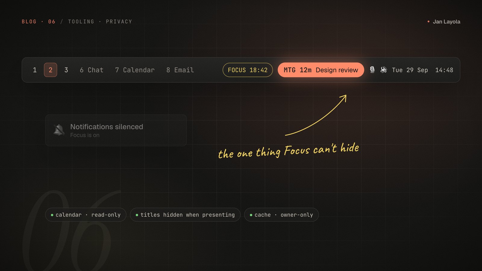 Illustration: a menu bar showing a focus timer and a meeting pill, while a notification is silenced