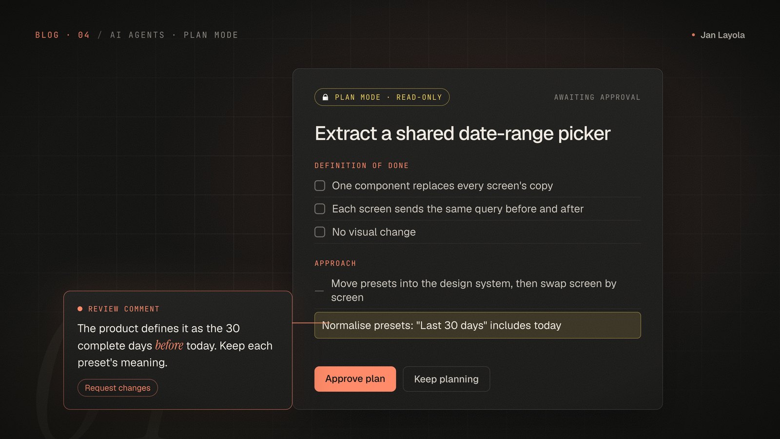 Illustration: a read-only plan for extracting a shared date-range picker, with a review comment on a misread business rule